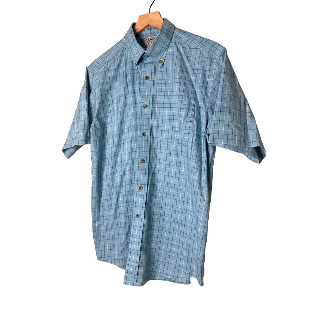 LL Bean Mens Traditional Fit Wrinkle Free Short Sleeve Plaid Shirt Blue M-REG